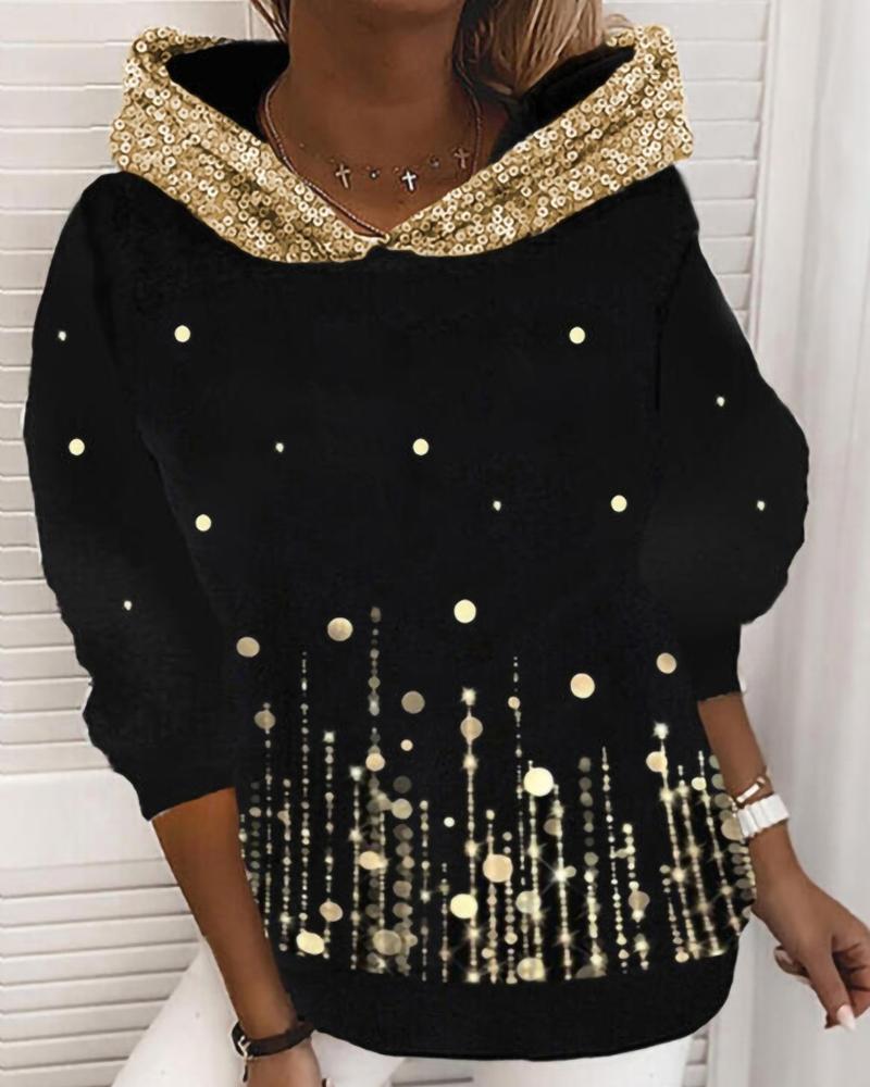 

Polka Dot Print Contrast Sequin Long Sleeve Hoodie, Black