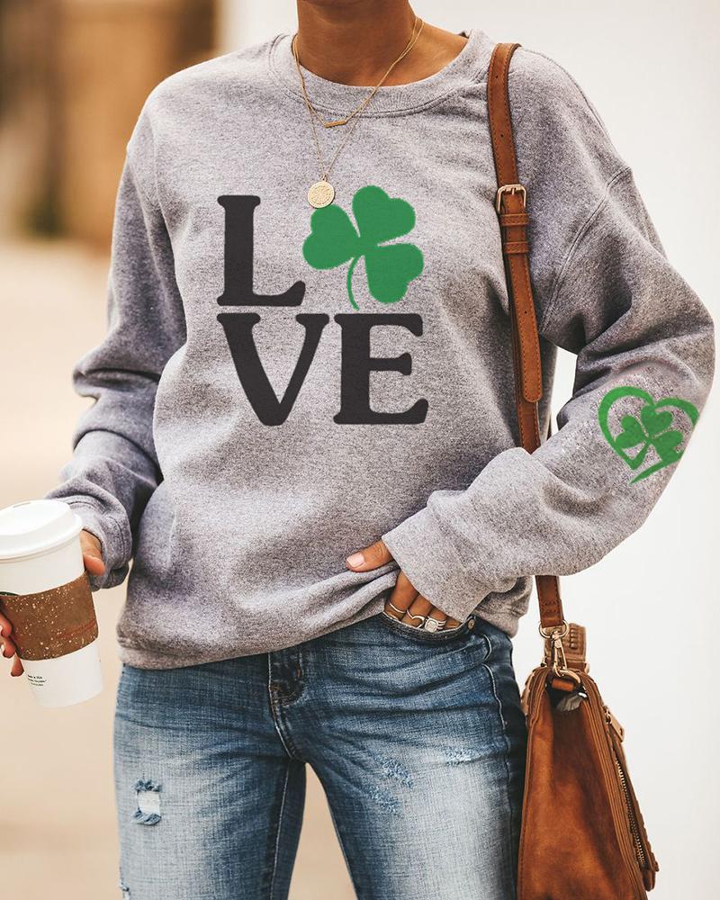 

St.Patrick' Day Letter Four Leaf Clover Print Long Sleeve Sweatshirt, Style3