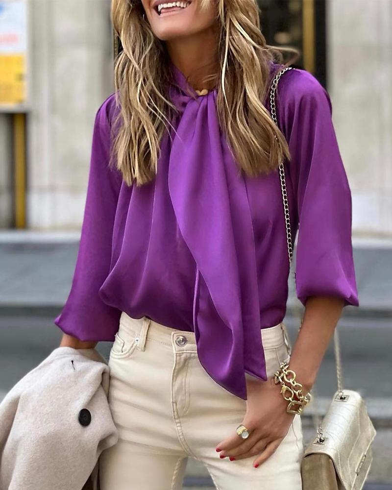 

Plain Tie Neck Satin Top, Purple
