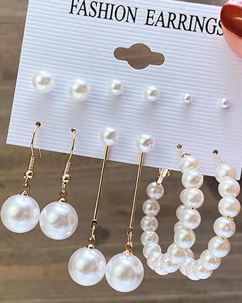 

6Pairs Pearls Beaded Drop Hoop Droop Earrings Set, White