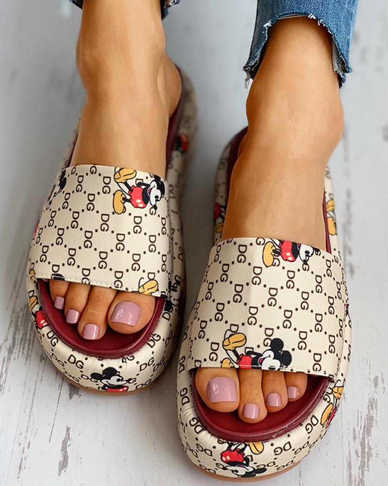 

Cartoon Letter Pattern Peep Toe Flatform Sandals, Beige