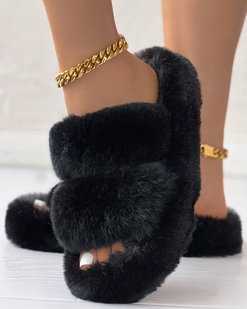 

Double Strap Round Toe Fuzzy Slippers, Black