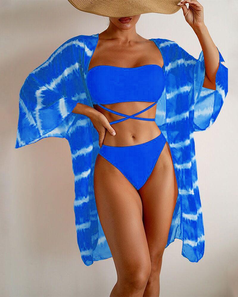 

3PCS Crisscross Bikini Set With Tie Dye Print Cover Up, Blue