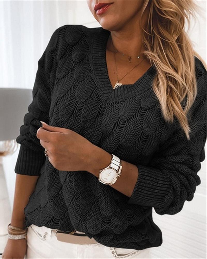 

Feather Pattern Knitted V-Neck Sweater, Black