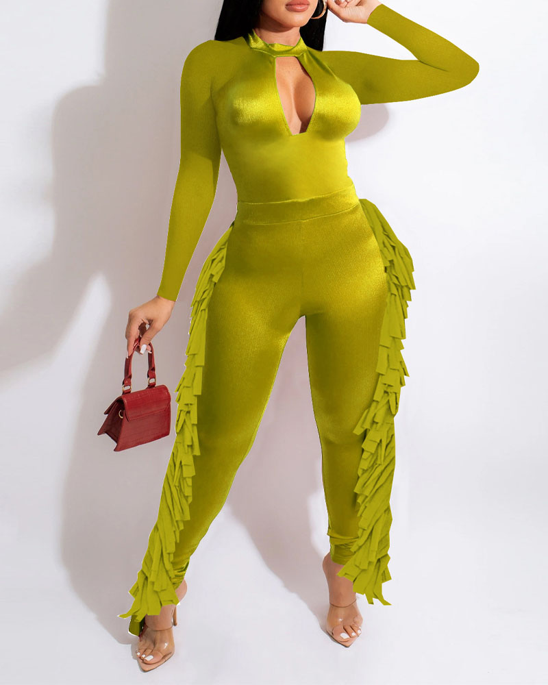 

Long Sleeve Cutout Fringe Trim Skinny Jumpsuit, Green