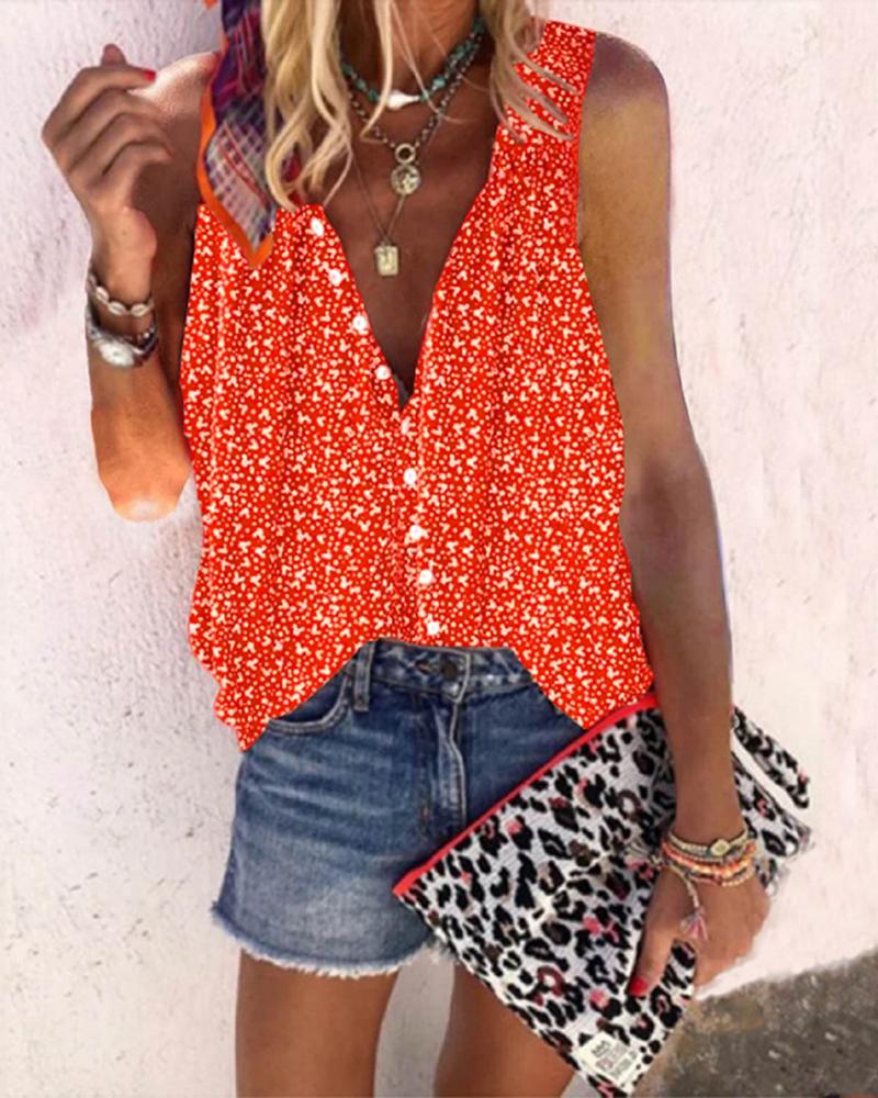 

Ditsy Floral Print Sleeveless Casual Top, Orange