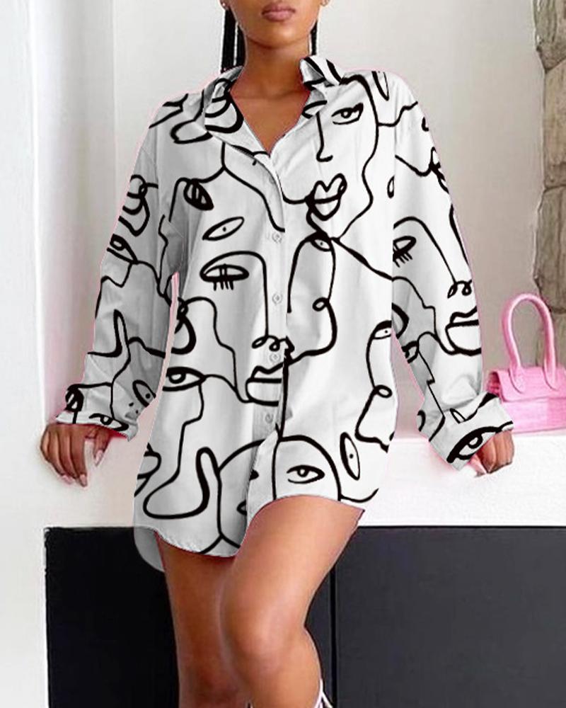 

Abstract Figure Print Long Sleeve Button Up Shirt Dress, White