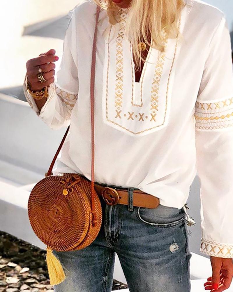 

Ethnic Style Long Sleeve V-neck Top, White