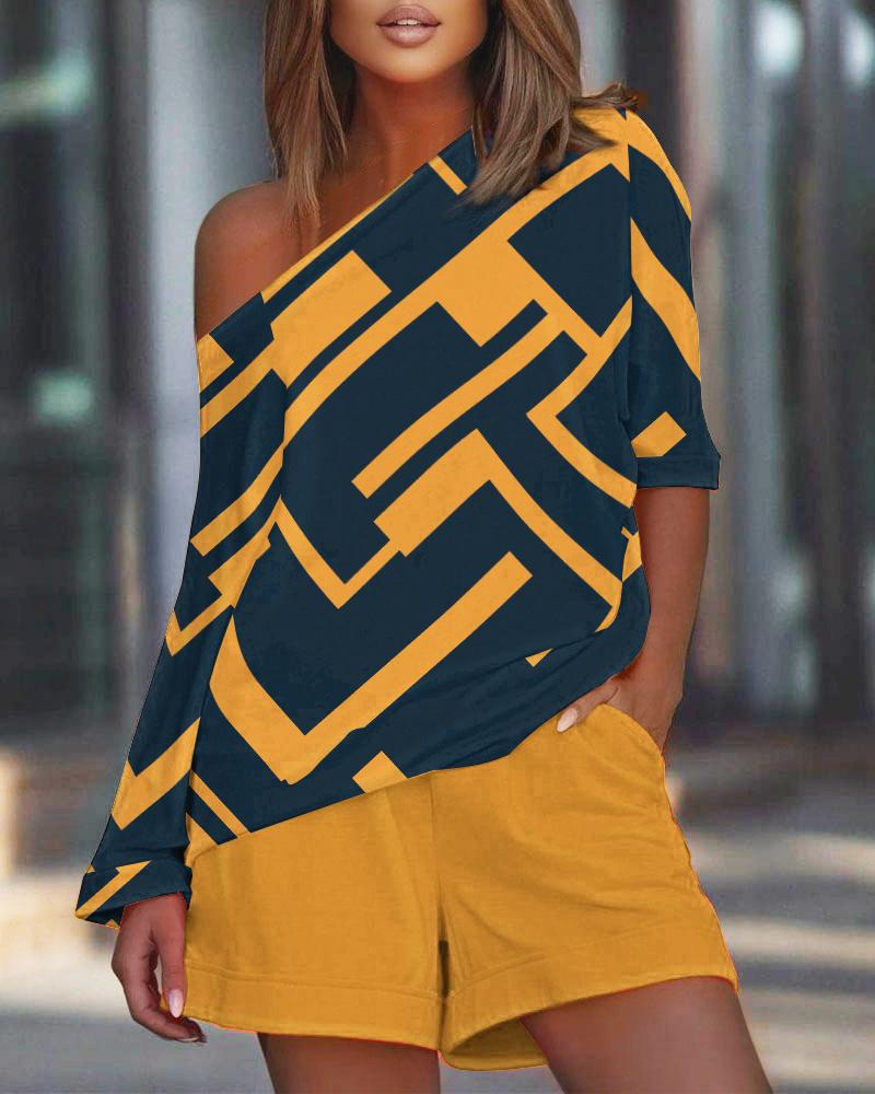 

Geometric Print Casual Top & Shorts Set, Yellow