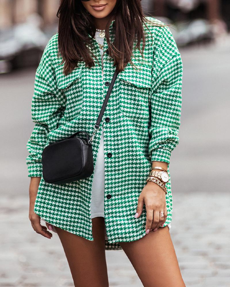 

Houndstooth Print Long Sleeve Buttoned Shacket, Green