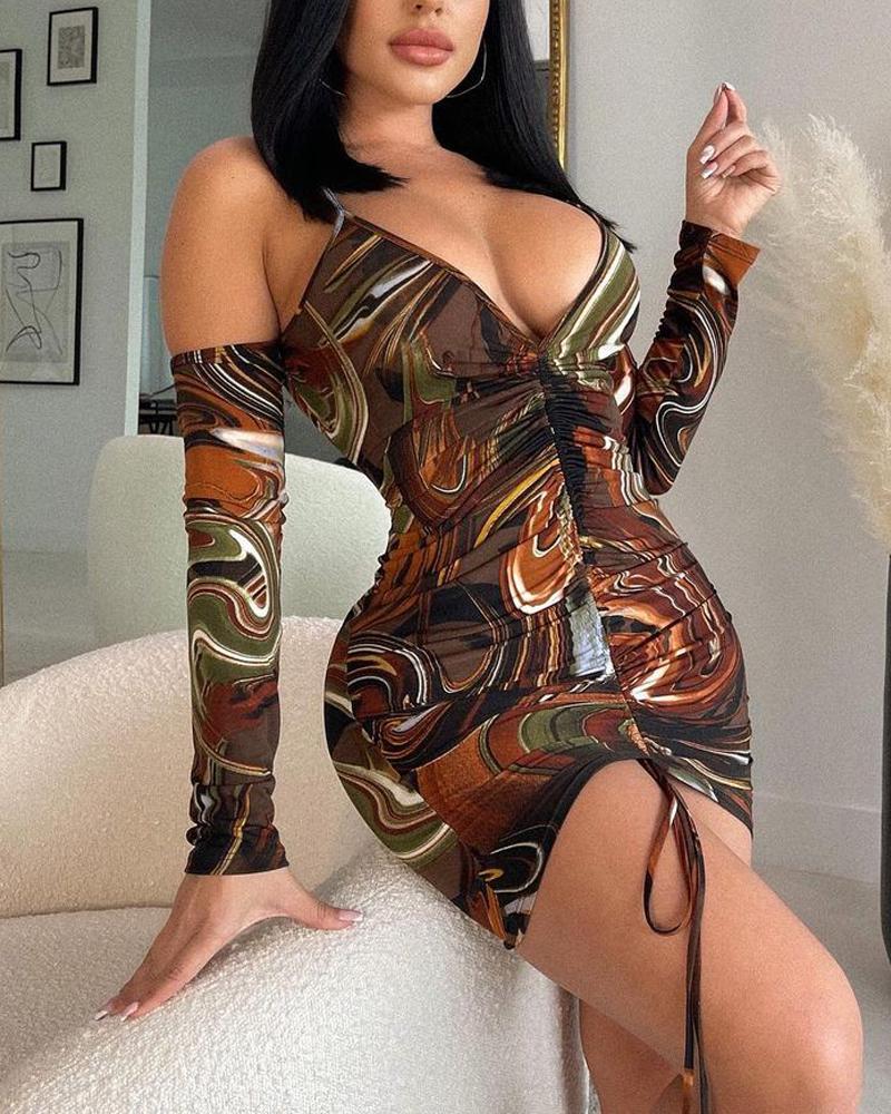

Abstract Print Cold Shoulder Drawstring Ruched Cami Bodycon Dress, Brown