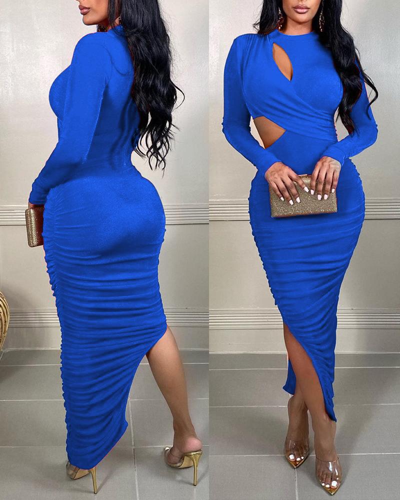 

Cutout Split Hem Ruched Bodycon Dress, Blue