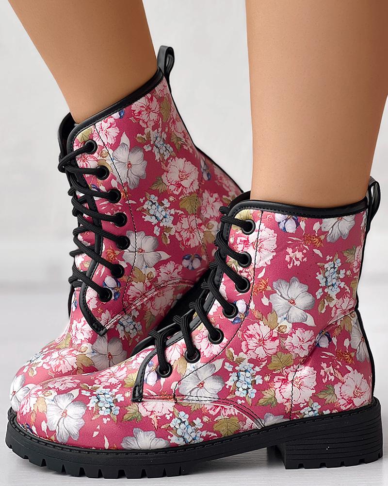 

Floral Print Lace-up Ankle Boots, Pink
