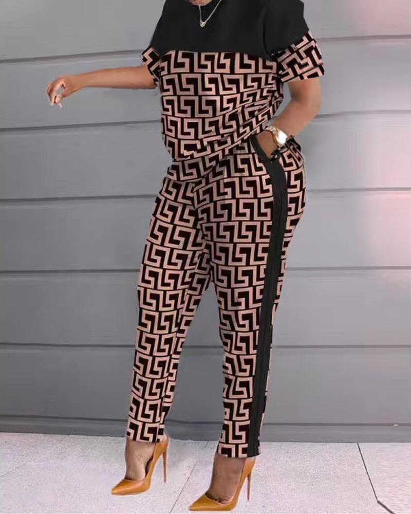 

Plus Size Geo Print Casual Top & Pants Set, Black