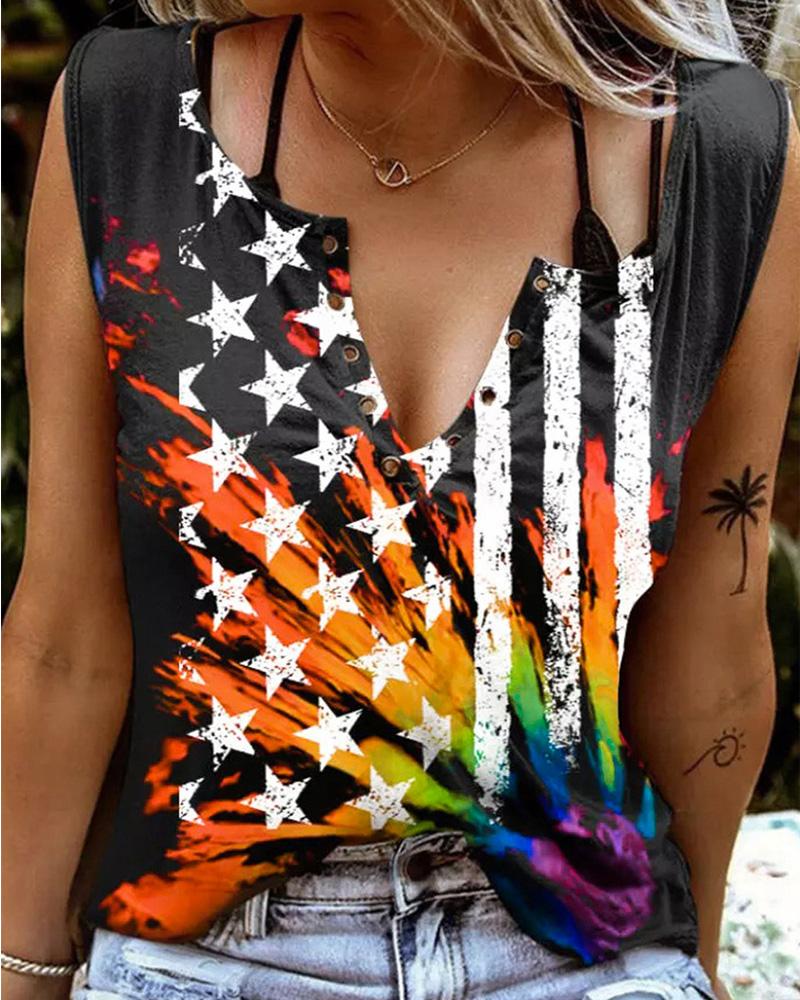 

Flag Print Grommet Eyelet Decor V-Cut Tank Top, Black