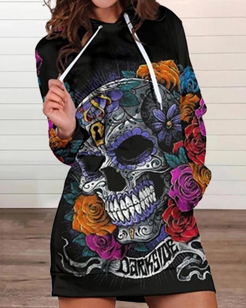 

Halloween Floral Skull Print Hooded Sweatshirt Dress, Black