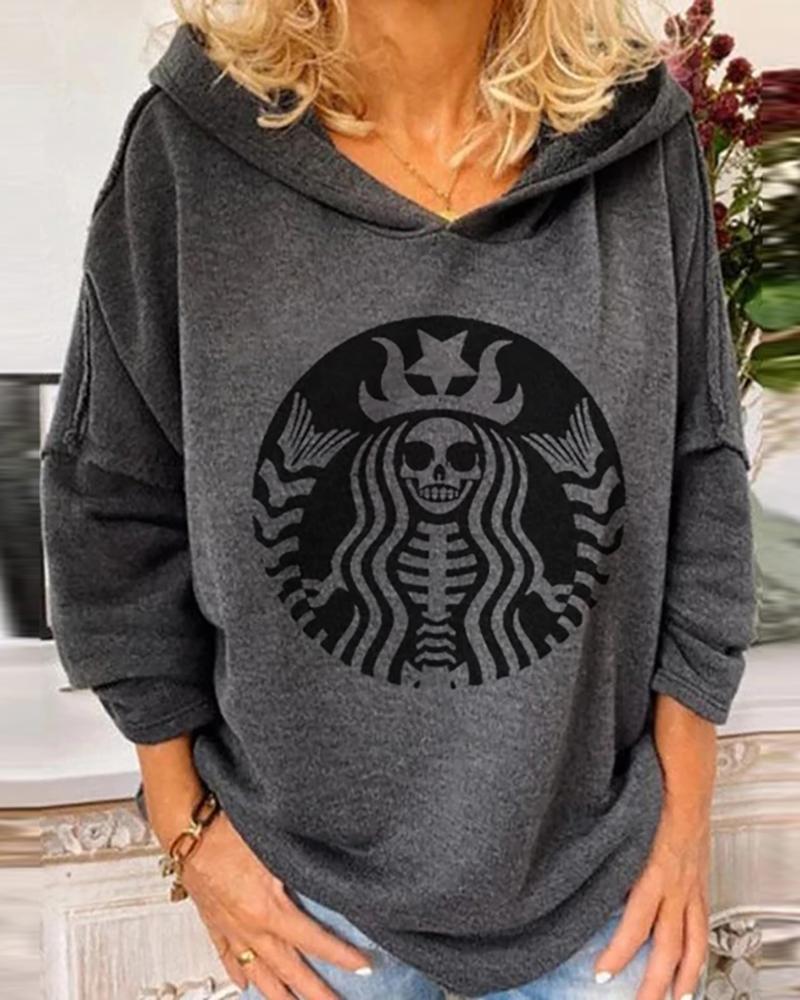 

Halloween Skull Print Casual Hooded Top, Gray