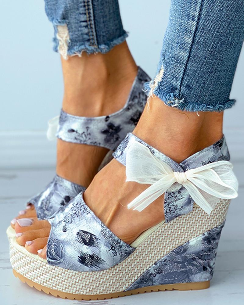 

Floral Pattern Bowknot Decor Espadrille Wedge Sandals, Gray