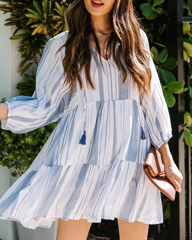 

Striped Colorblock Tassel Design Casual Women Dress, White