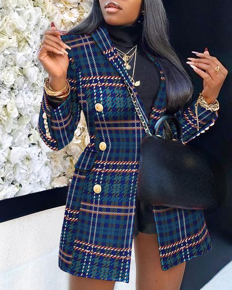 

Plaid Print Colorblock Buttoned Longline Blazer, Multicolor