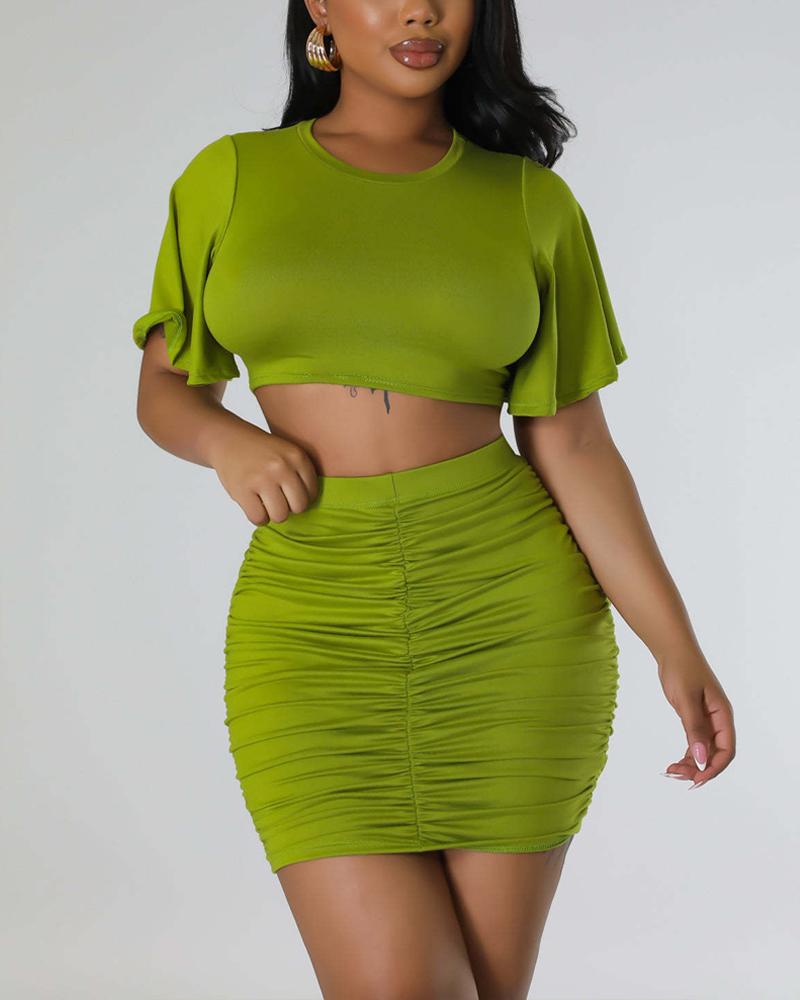 

Crop Top & Ruched High Waist Skirt Set, Green