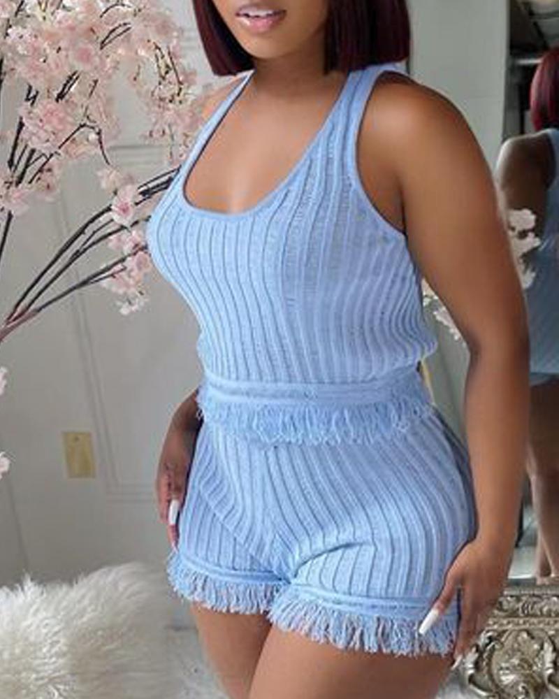 

Tassel Trim U-Neck Tank Top & Shorts Set, Blue