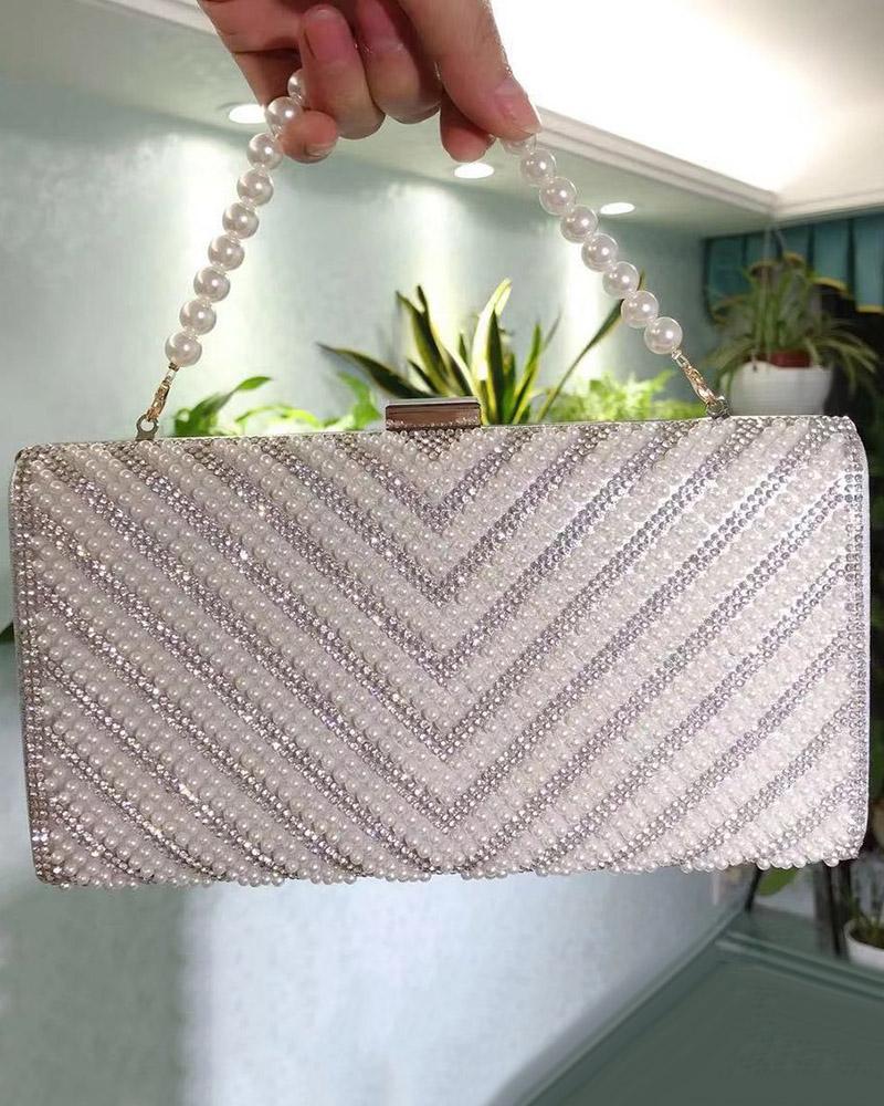 

Rhinestone Beaded Chevron Evening Handbag, Gold