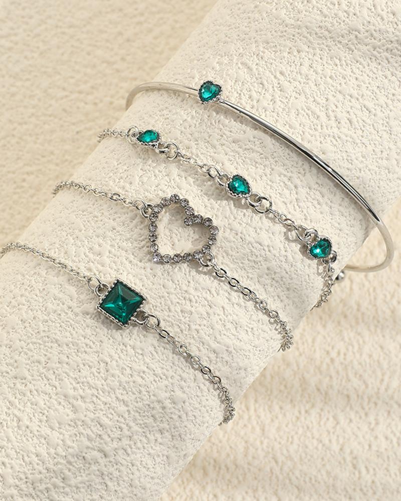 

4pcs Gem Stone Heart Shaped Chain Bracelets Set, Silver