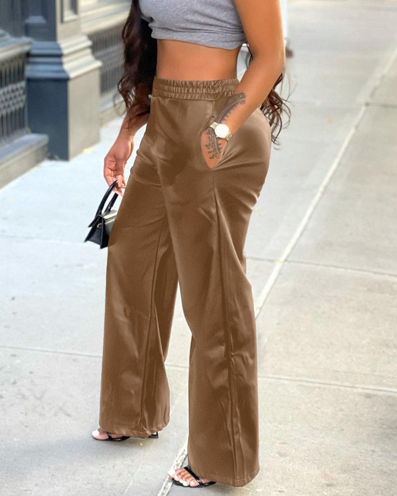

PU Leather Pocket Design Wide Leg Pants, Khaki