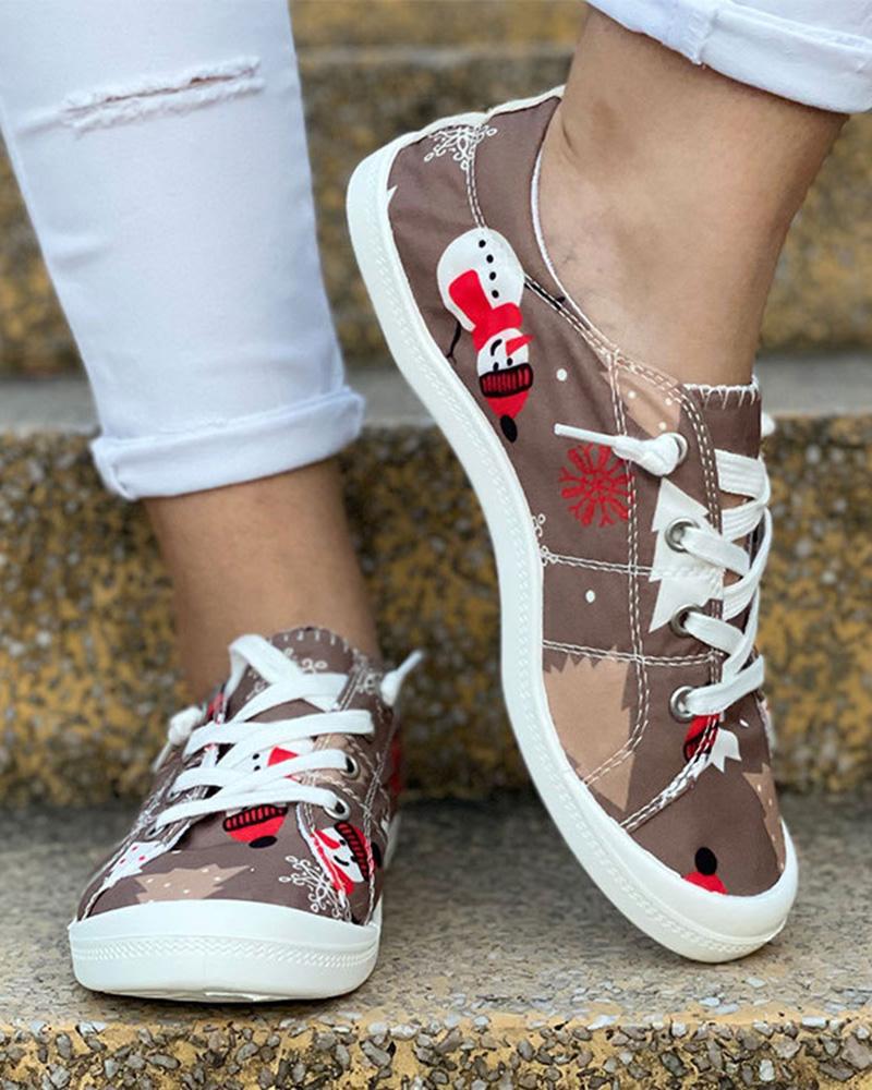 

Christmas Snowman Print Lace-up Canvas Slip-On, Khaki
