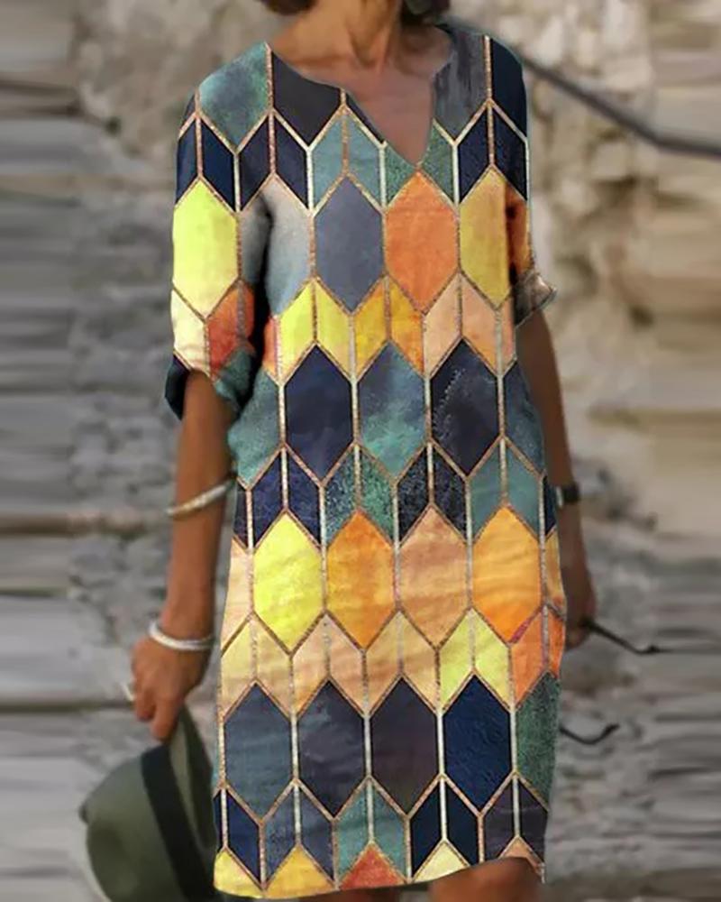 

Geo Print Colorblock Half Sleeve Dress, Yellow