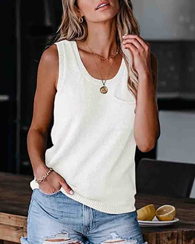 

Button Decor Back Sleeveless Knit Top, White
