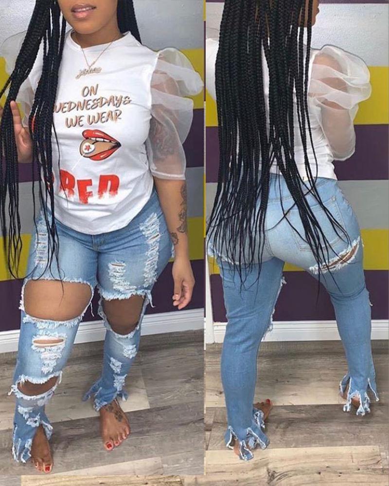 

Ripped Cut Out Denim Casual Pants, Blue