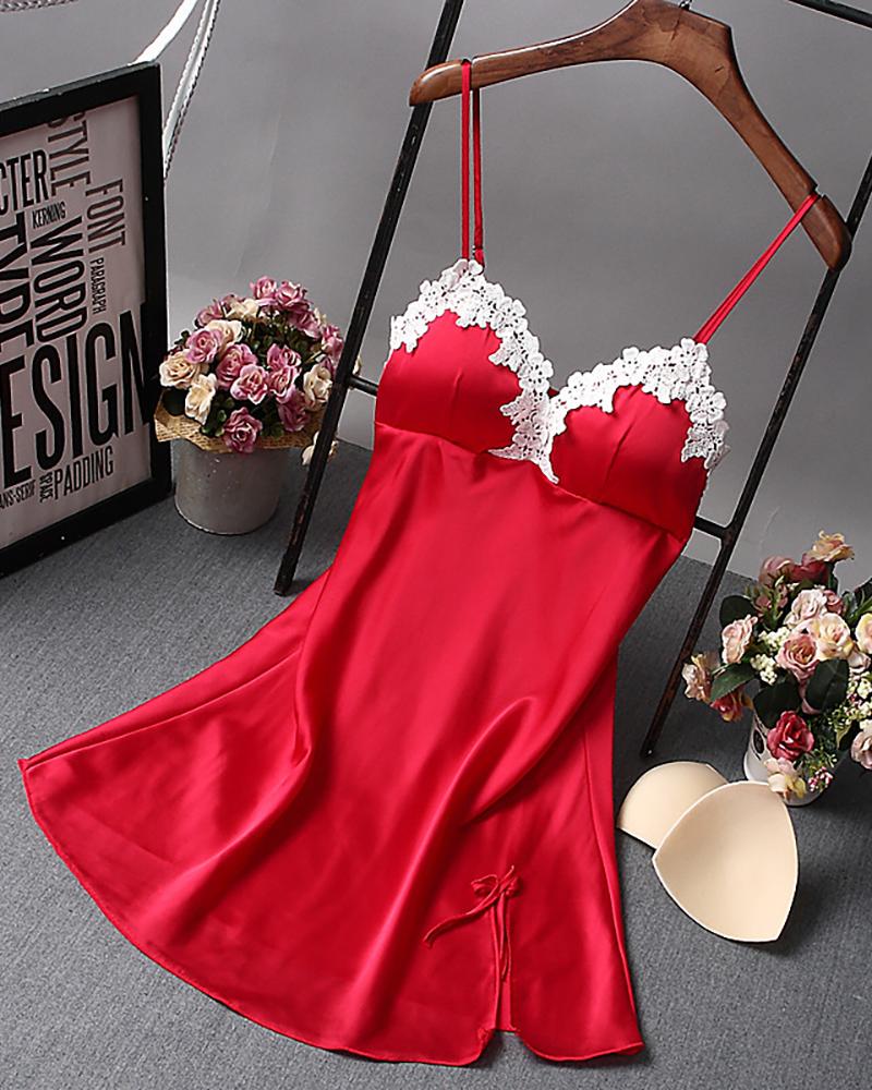 

Solid Lace Trim Cami Dress, Red
