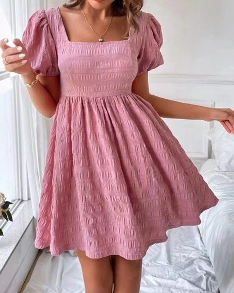 

Puff Sleeve Bubble Textured Casual Dress, Pink