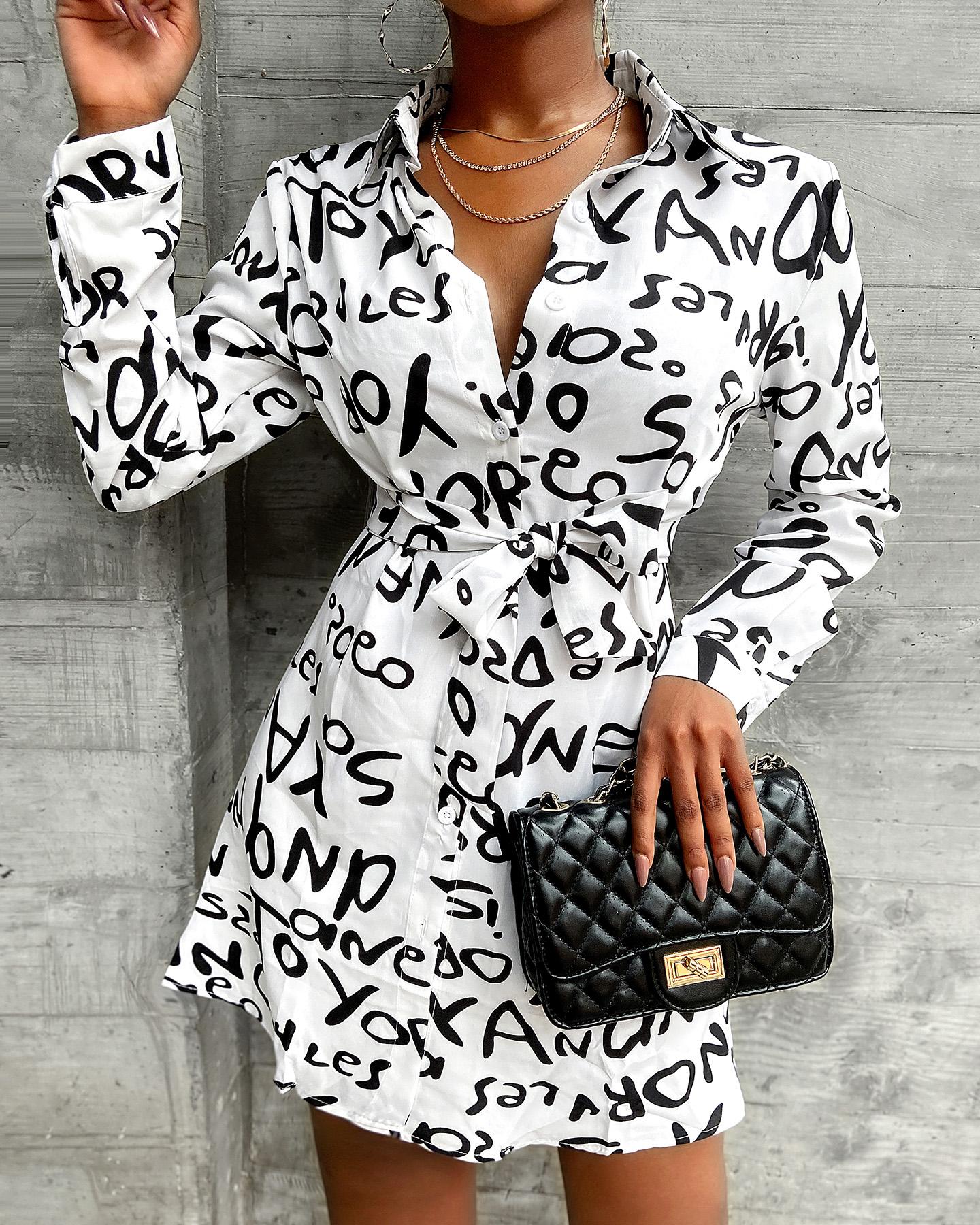 

Letter Print Long Sleeve Casual Shirt Dress, White