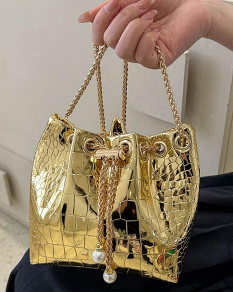 

Crocodile Chain Drawstring Bucket Bag, Gold