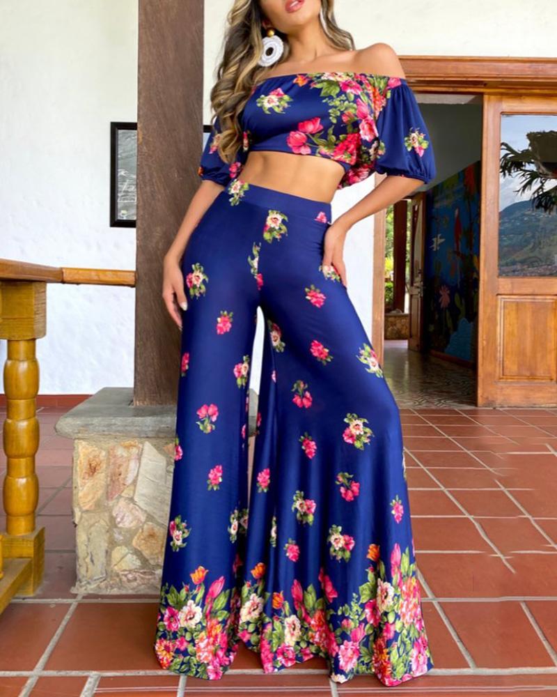 

Off Shoulder Floral Print Crop Top & Bootcut Pants Set, Blue