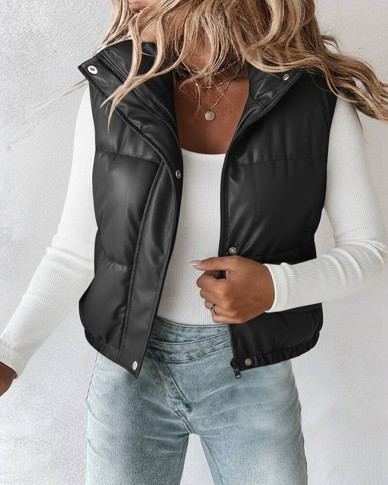 

Gilet en cuir PU à col haut, fermeture éclair, double bouton-pression sur le devant, ourlet extensible décontracté, manteau court rembourré, Black