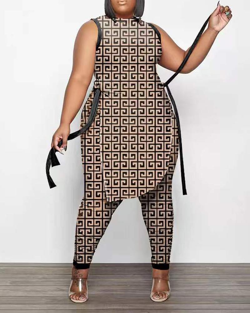 

Plus Size Geo Print Split Hem Tank Top & Pants Set, Style2