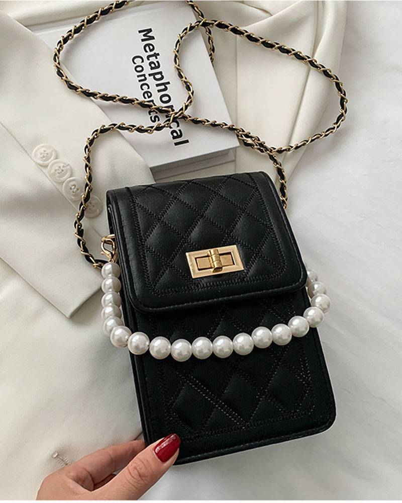 

Quilted Twist Lock Flap Shoulder Bag With Pearls Decor Handle, Black