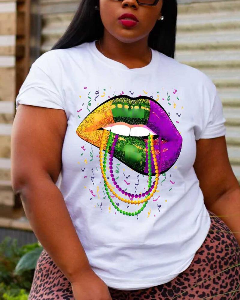 

Plus Size Mardi Gras Lip Print Casual T-shirt, White