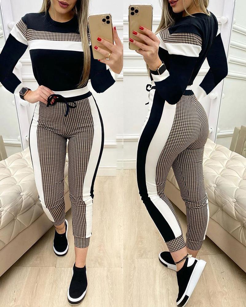 

Colorblock Plaid Long Sleeve Top & Drawstring Pants Set, Black