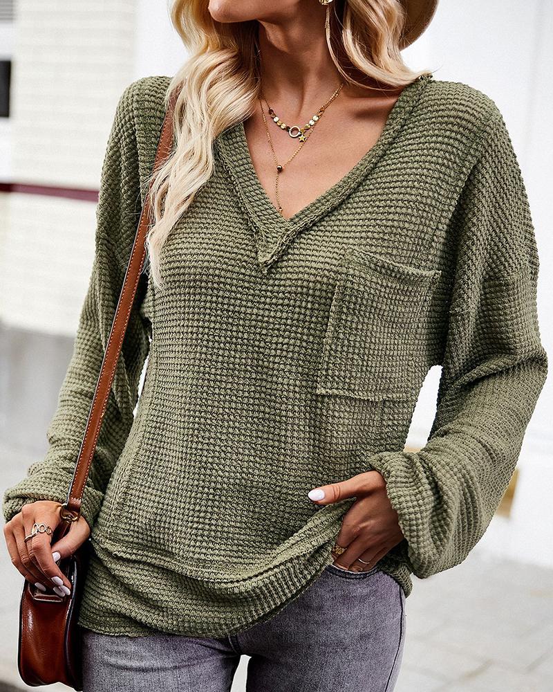 

V-Neck Pocket Design Waffle Knit Sweater, Green