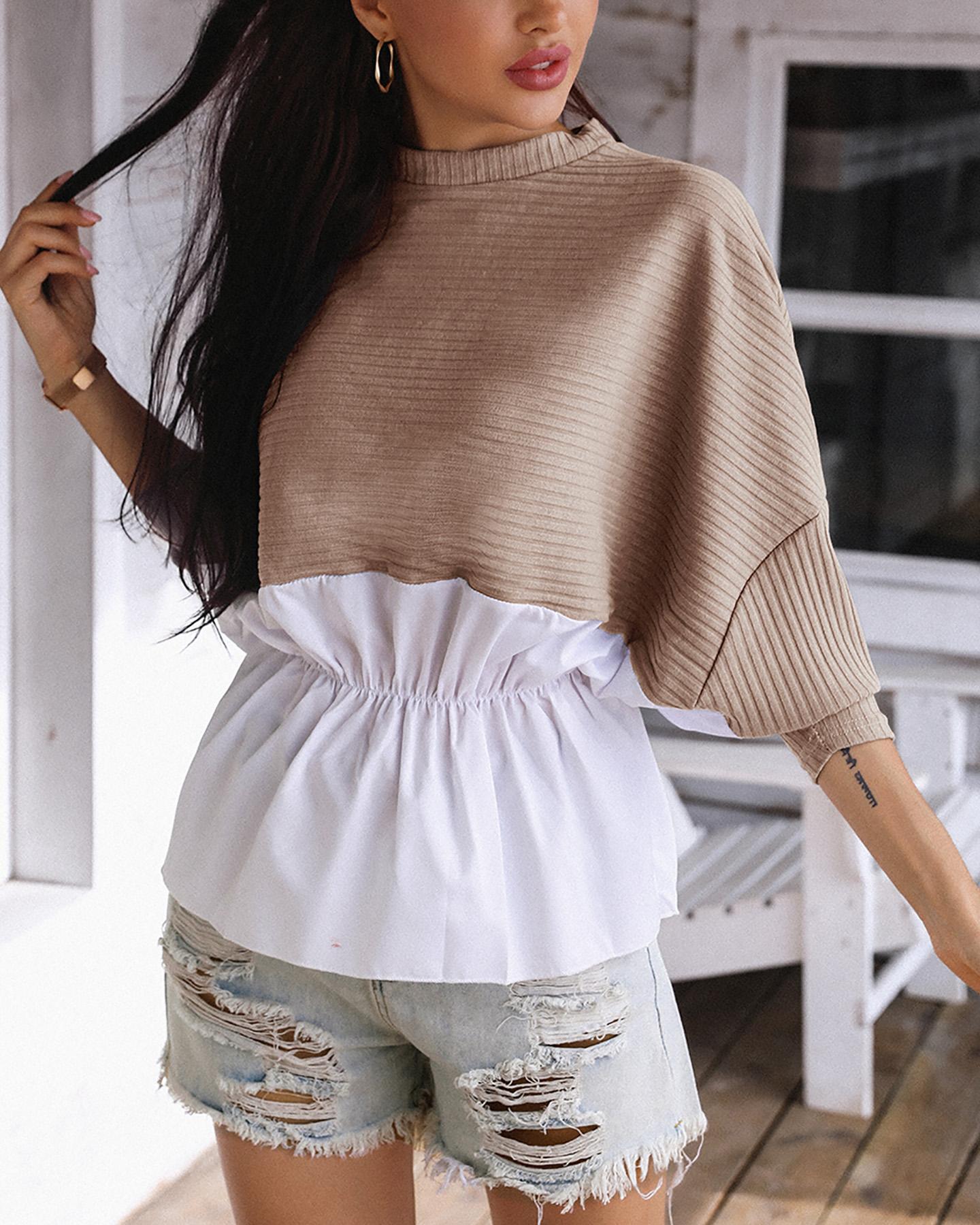 

Colorblock Insert Ruffles Ribbed Batwing Sleeve Blouse, Coffee