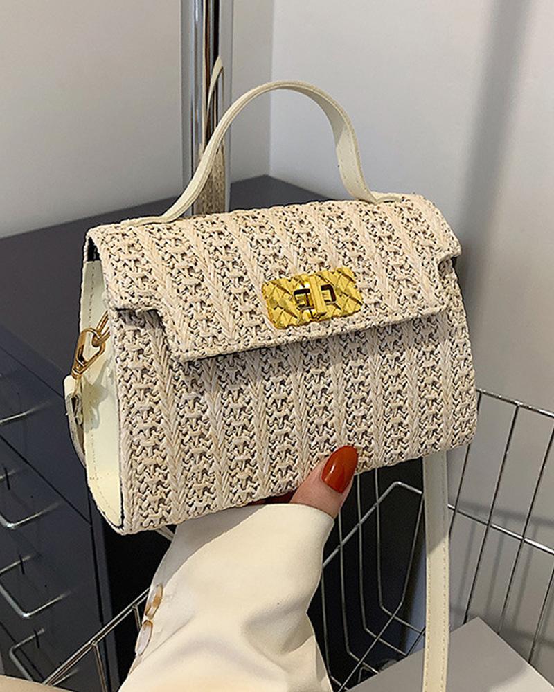 

Twist Lock Straw Flap Shoulder Bag With Handle, White