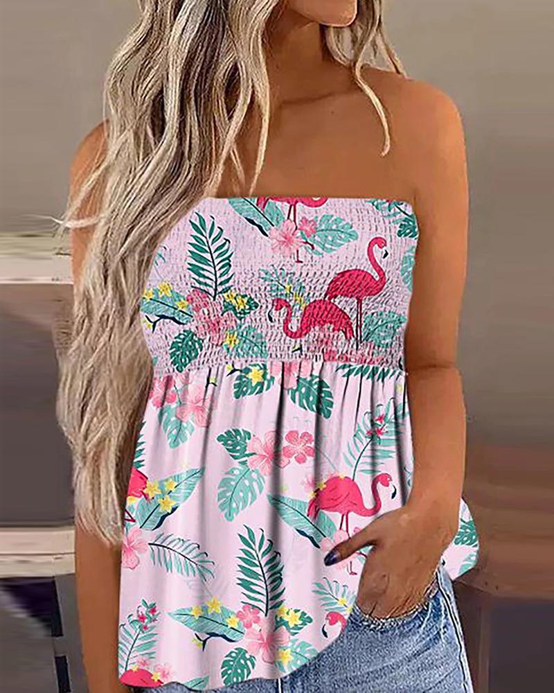 

Flamingo Tropical Floral Print Shirred Bandeau Top, Pink