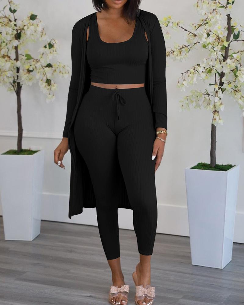 

Ribbed Crop Tank Top & Drawstring Pants With Longline Cardigan Set, Black