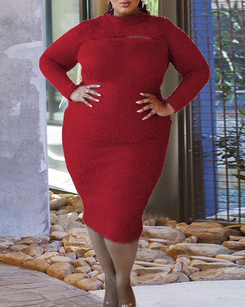 

Plus Size Long Sleeve Cutout Fluffy Bodycon Dress, Red