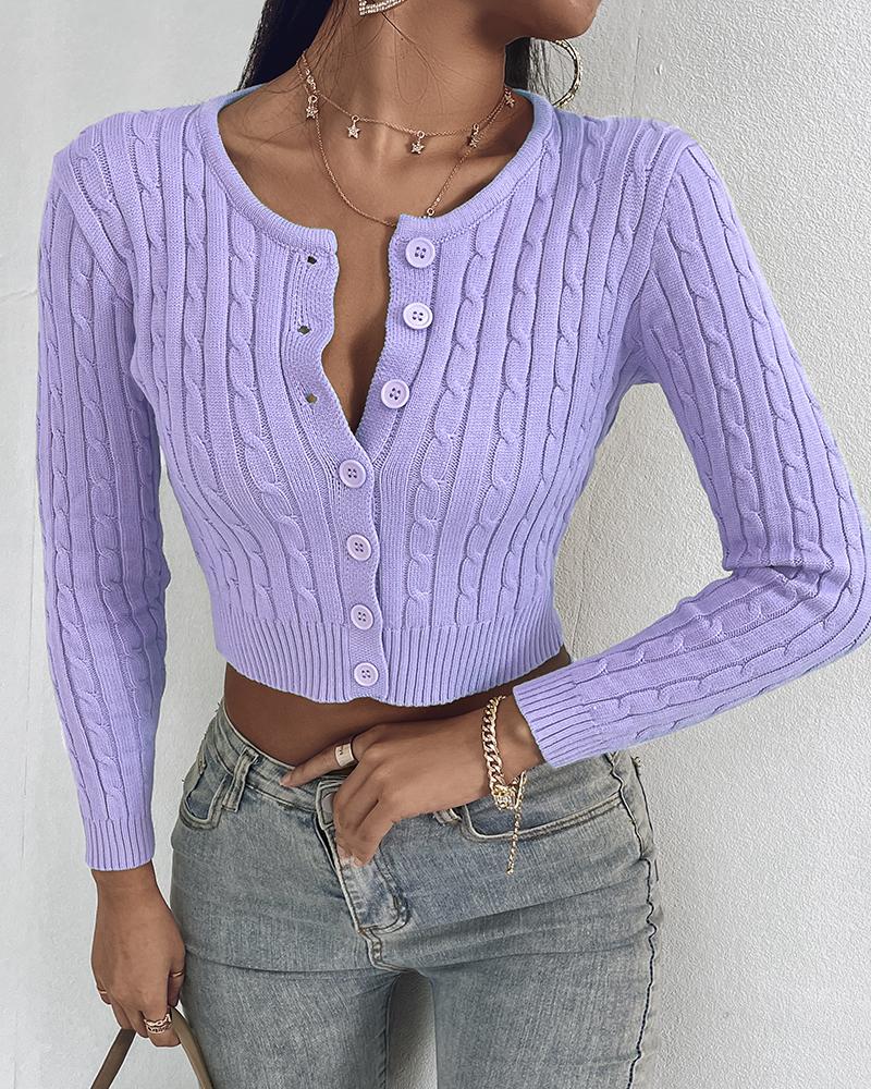 

Buttoned Cable Knit Crop Cardigan, Purple